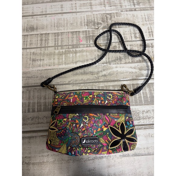 Sakroots Handbags - Sakroots Crossbody Bag Colorful Floral Print Black Leather Trim